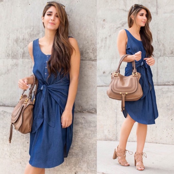 Dresses & Skirts - Tie Front Shirttail Hem Chambray Denim Midi Dress